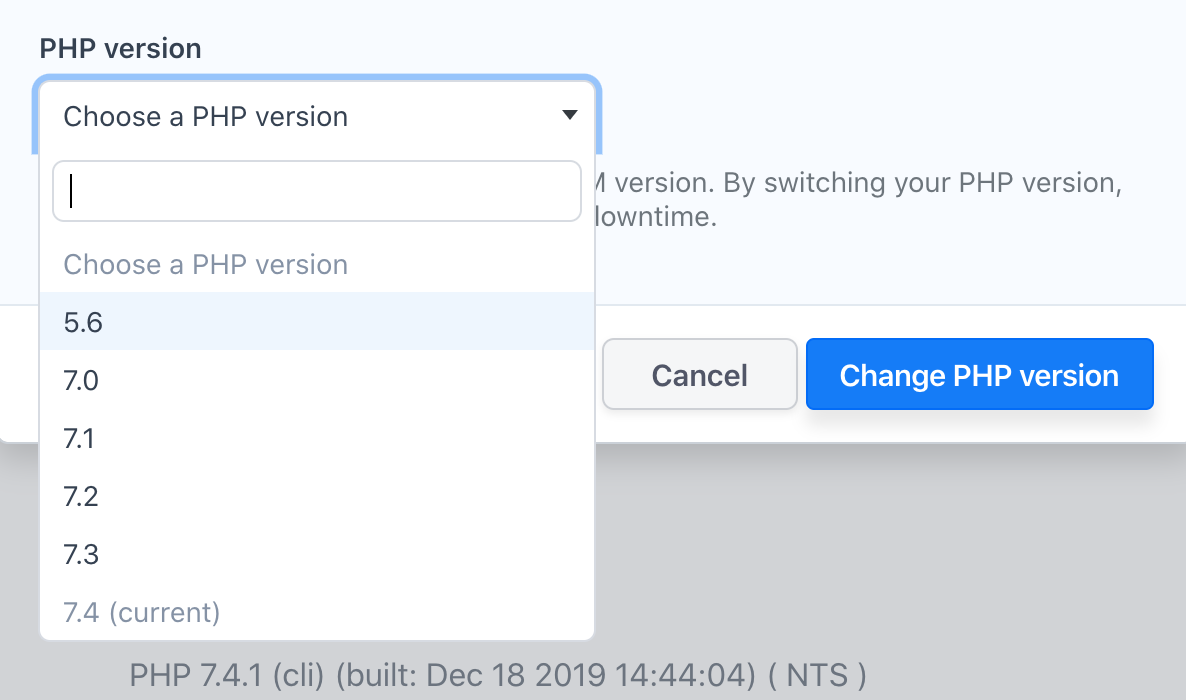 PHP version dropdown selector